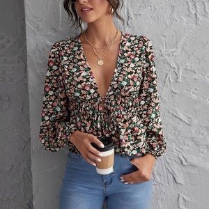 Ditsy Floral Ruched Self-Tie Peplum Top